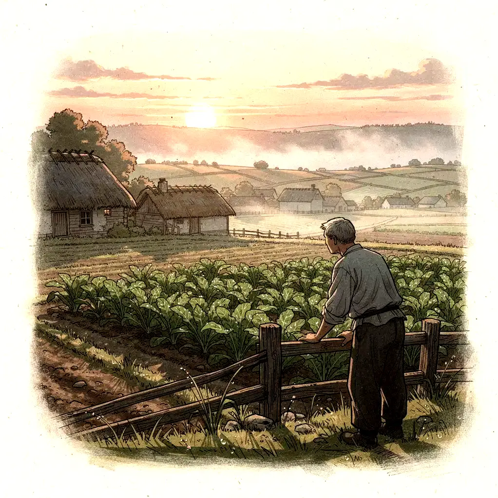 Sunrise over a quiet farm village at dawn, warm amber light on thatched roofs, gentle mist over fields, soft realistic style with subtle pen-and-ink texture, intimate handwritten journal mood, caring farmer looking at crops, relaxed hopeful