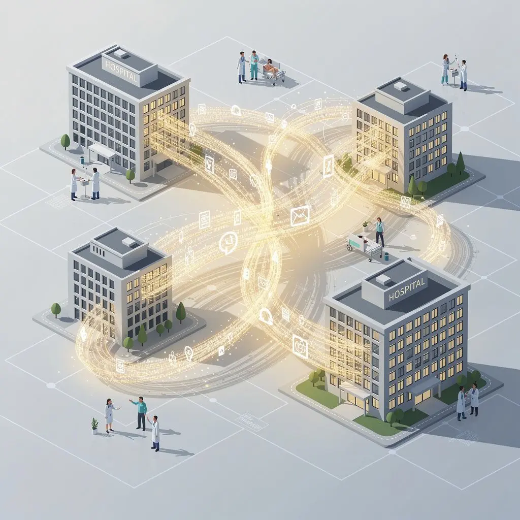 Digital patchwork of modern hospitals exchanging glowing data streams, warm ethereal lighting, detailed texture showing encrypted signal strands, intertwined light ribs, collaborative team spirit, sentimental yet precise mood, illustrated style like magazine infographic